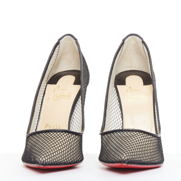 CHRISTIAN LOUBOUTIN Follies Resille 100 Fishnet Pailette black mesh pumps EU37.5