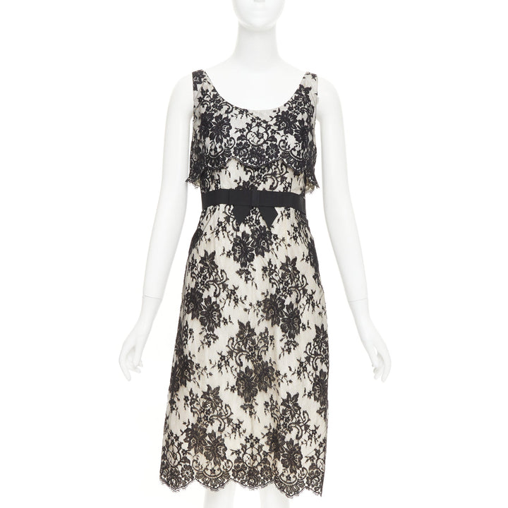 CHRISTIAN DIOR Vintage black floral lace pearl silk grosgrain bow dress FR36 S