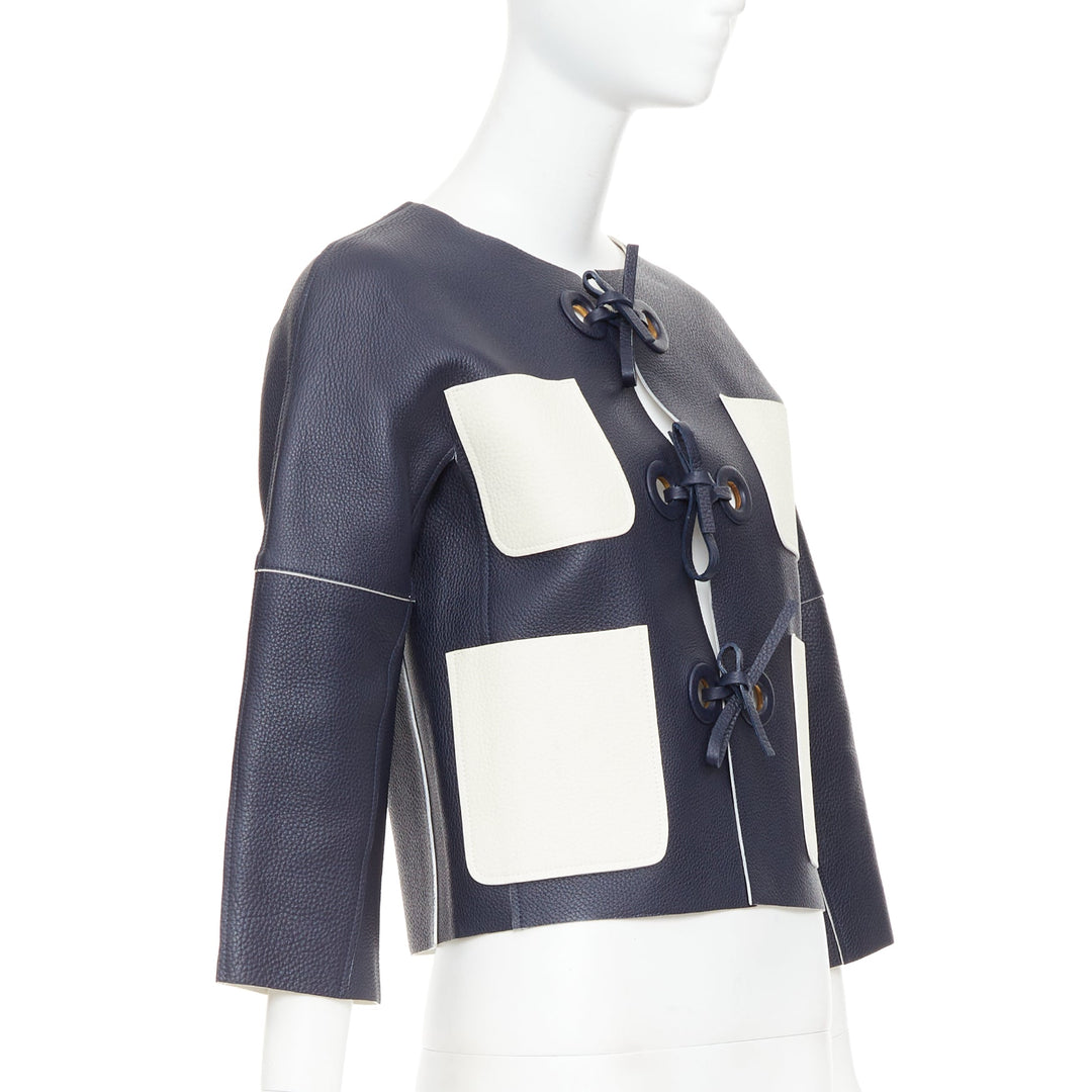 LOUIS VUITTON navy off white textured leather tie front jacket FR36 M