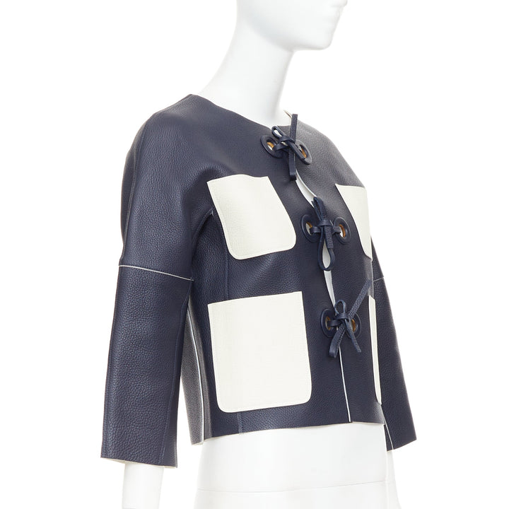 LOUIS VUITTON navy off white textured leather tie front jacket FR36 M