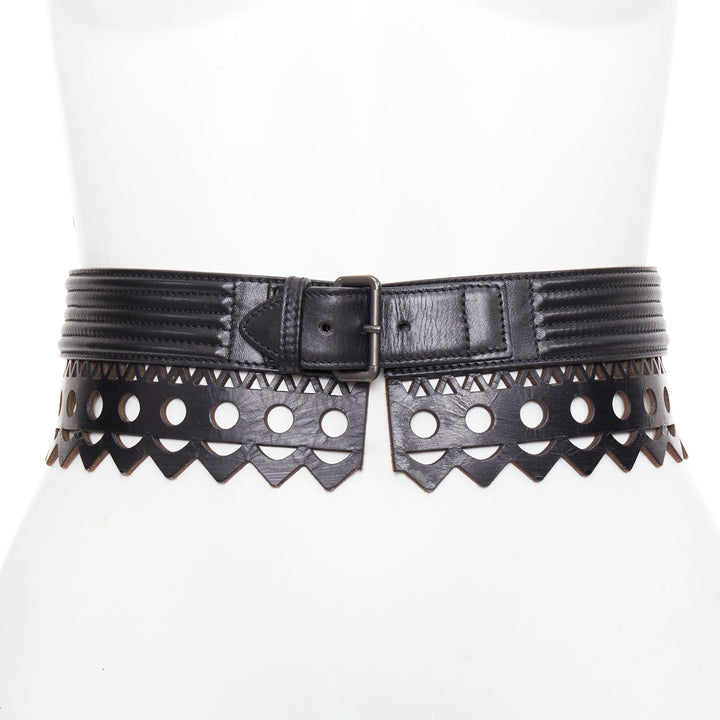 ALAIA Vienne black leather laser cut scalloped  wide waist belt 65cm
