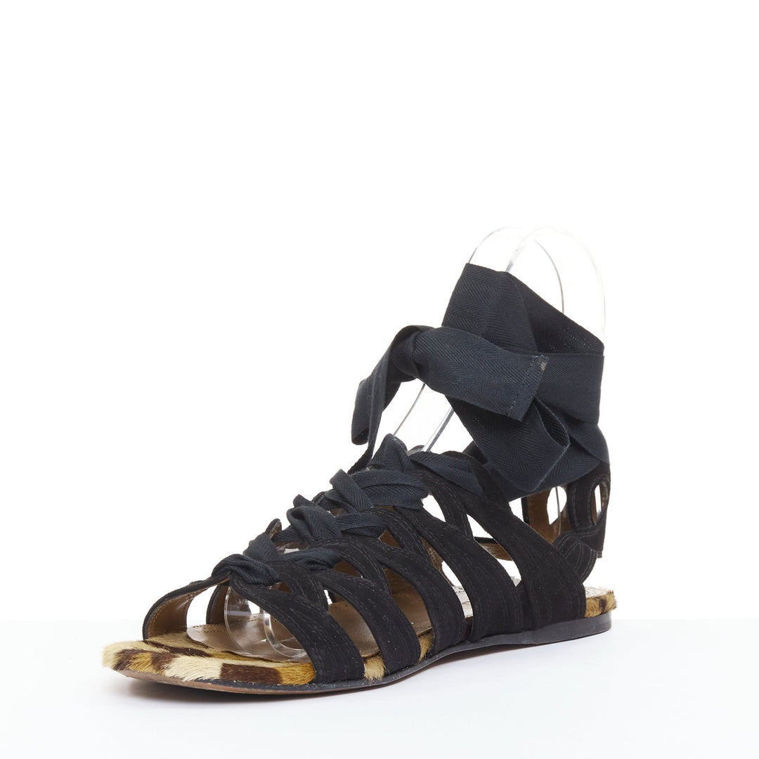 ALAIA black suede leopard pony hair wrap tie lace up gladiator sandals EU36.5