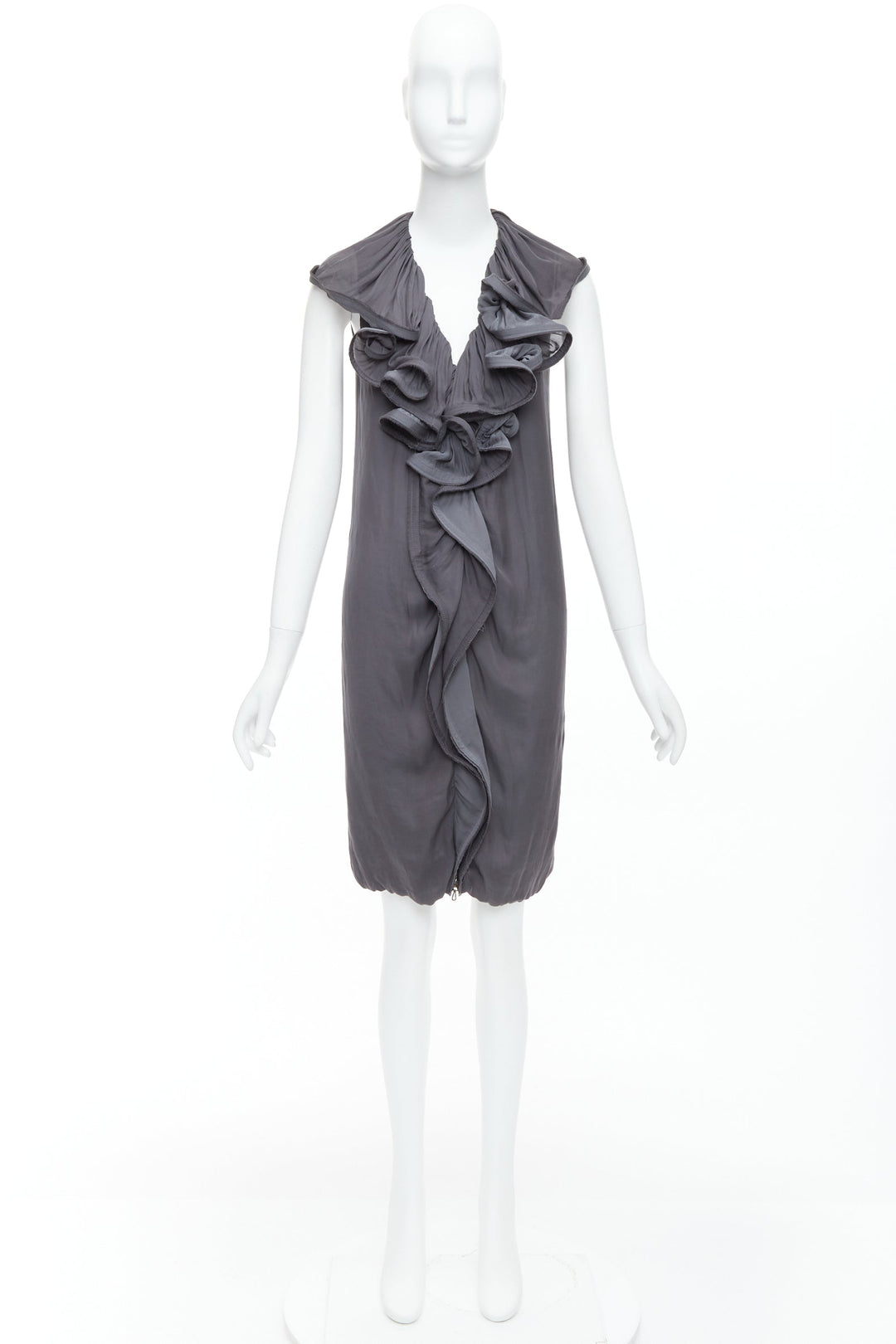 LANVIN 2008 grey silky trimmed ruffle collar V neck knee dress FR34 XS