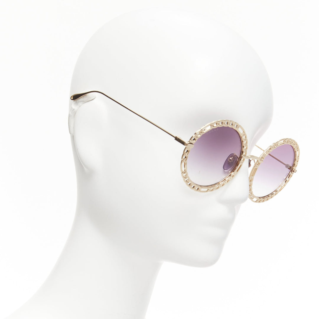 GUCCI GG1113S gold chain rim purple ombre lens round oversized sunnies