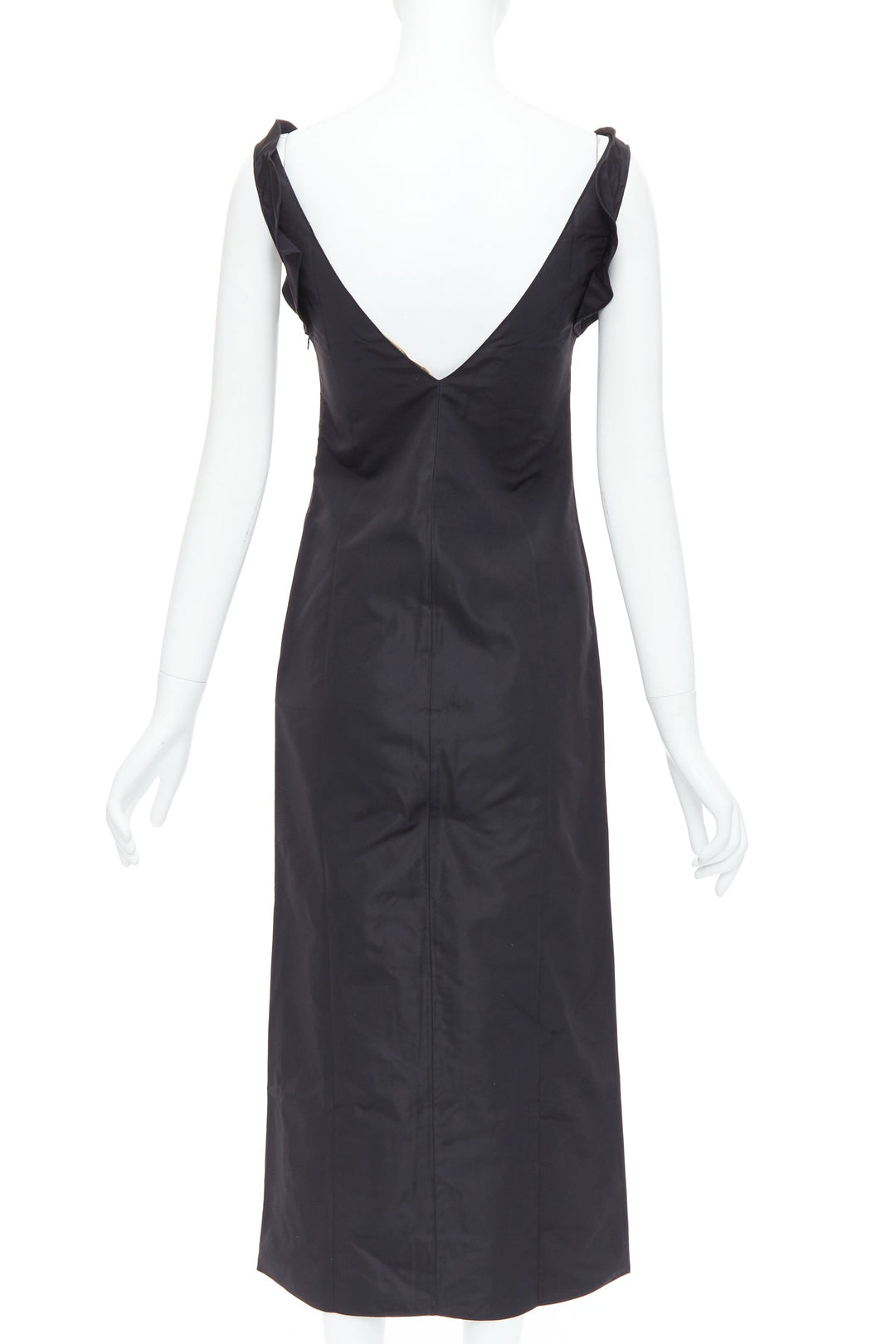 MIU MIU 1990s Vintage black silk blend ruffle strap V back dress IT38 XS