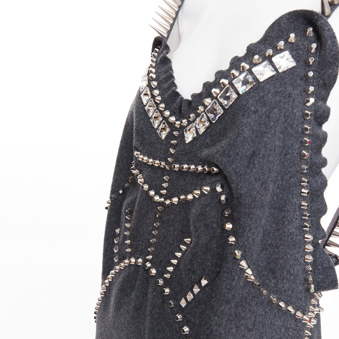 rare MIU MIU 2021 Runway grey wool crystal spikes stud punk slip dress IT38 XS