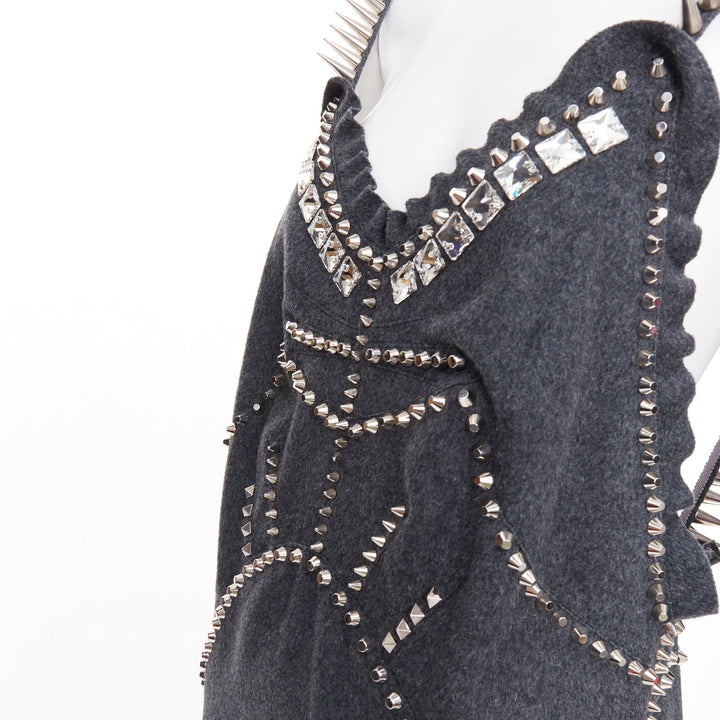 rare MIU MIU 2021 Runway grey wool crystal spikes stud punk slip dress IT38 XS