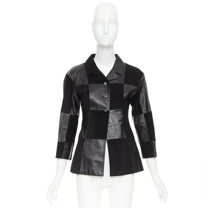 CHANEL Vintage black leather suede checkered patchwork CC blazer jacket