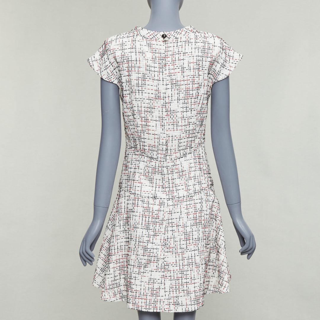 CHANEL 2015 cream red black cotton lattice tweed cap sleeve dress FR34 XS