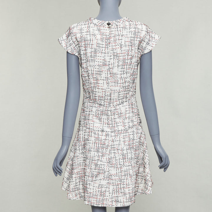 CHANEL 2015 cream red black cotton lattice tweed cap sleeve dress FR34 XS