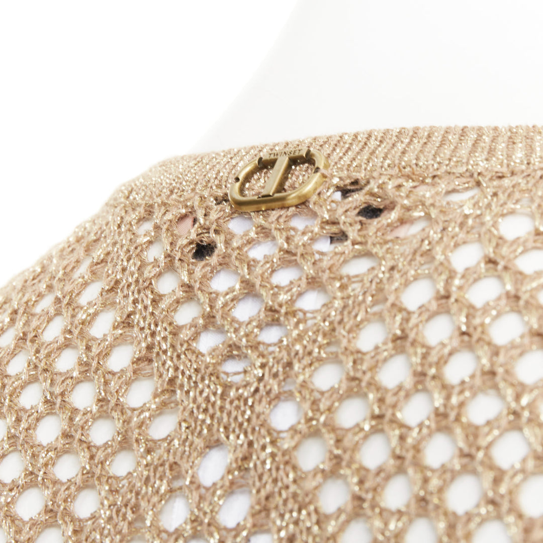 TWINSET 2024  metallic gold lurex mesh diamond open knit lace long cardigan M