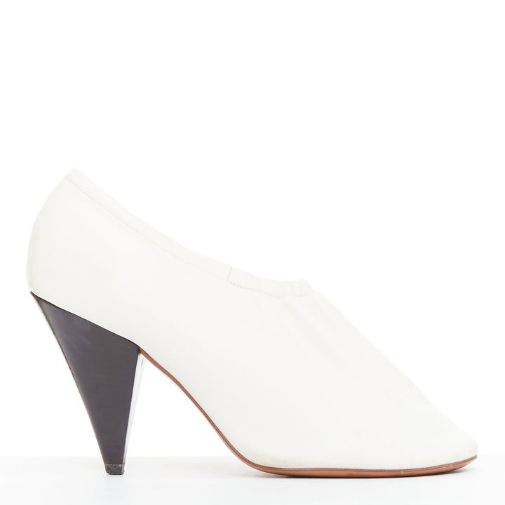 OLD CELINE Throat cream smooth leather ballerina black coned heeled pumps EU35