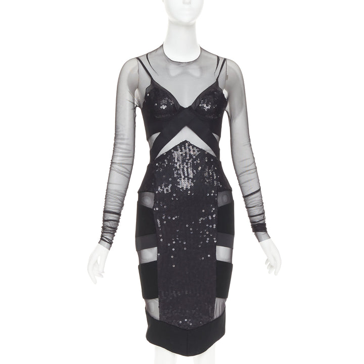 ALEXANDRE VAUTHIER COUTURE Runway black sheer panel sequin cut out boned dress