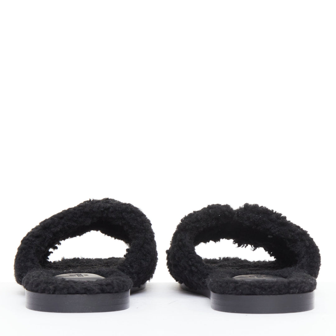 HERMES Oran black shearling H cut out flat block sandals EU41.5