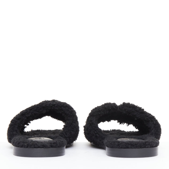 HERMES Oran black shearling H cut out flat block sandals EU41.5