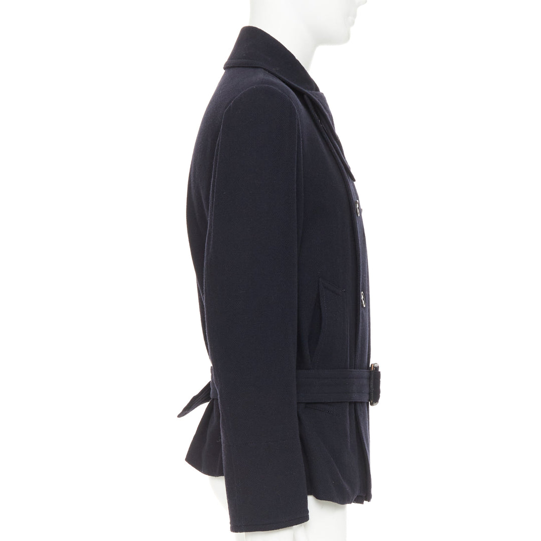 Y'S YOHJI YAMAMOTO black wool double breasted belted short peacoat jacket JP3 L
