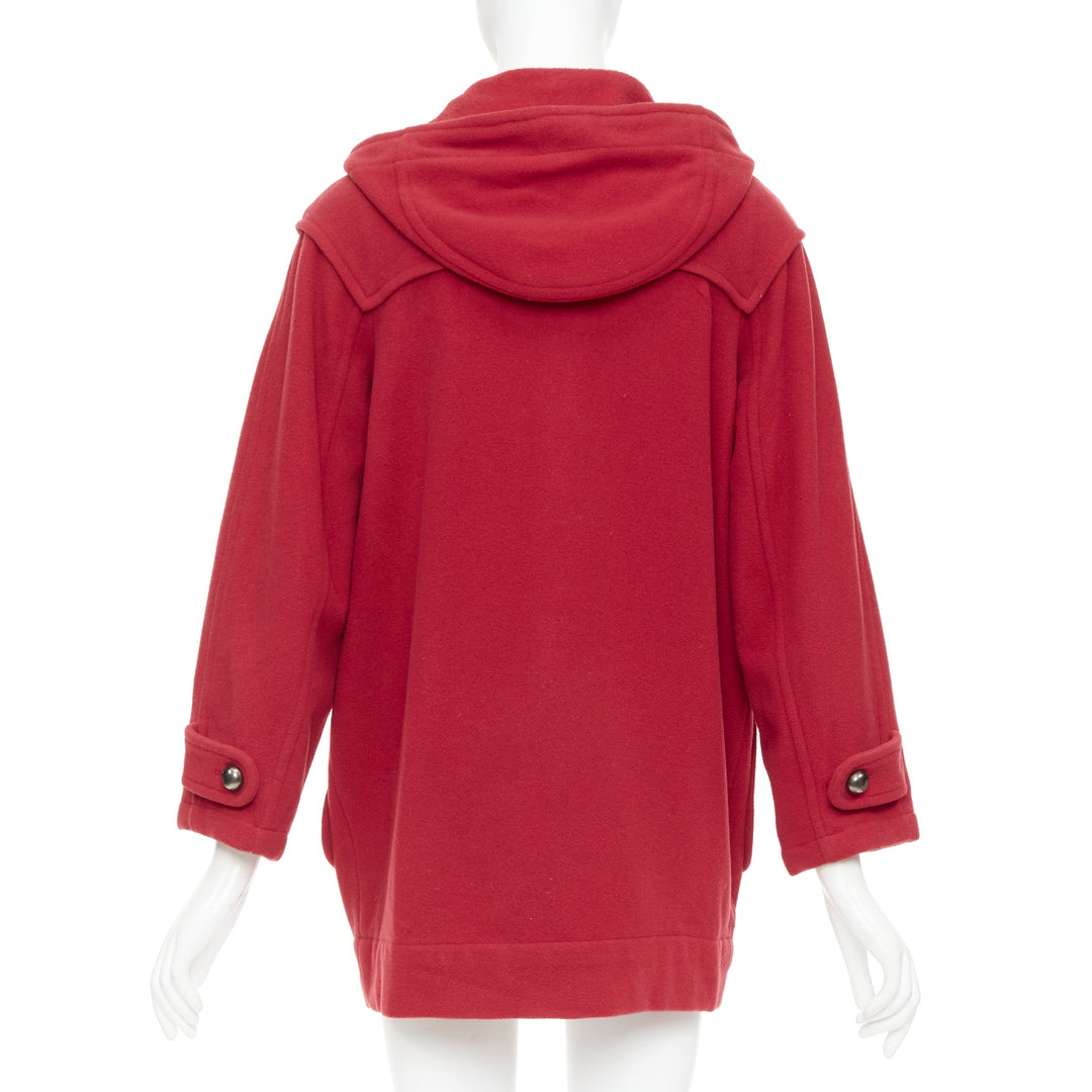 LANVIN EN BLEU red wool blend black brown toggle leather pea coat FR36 S