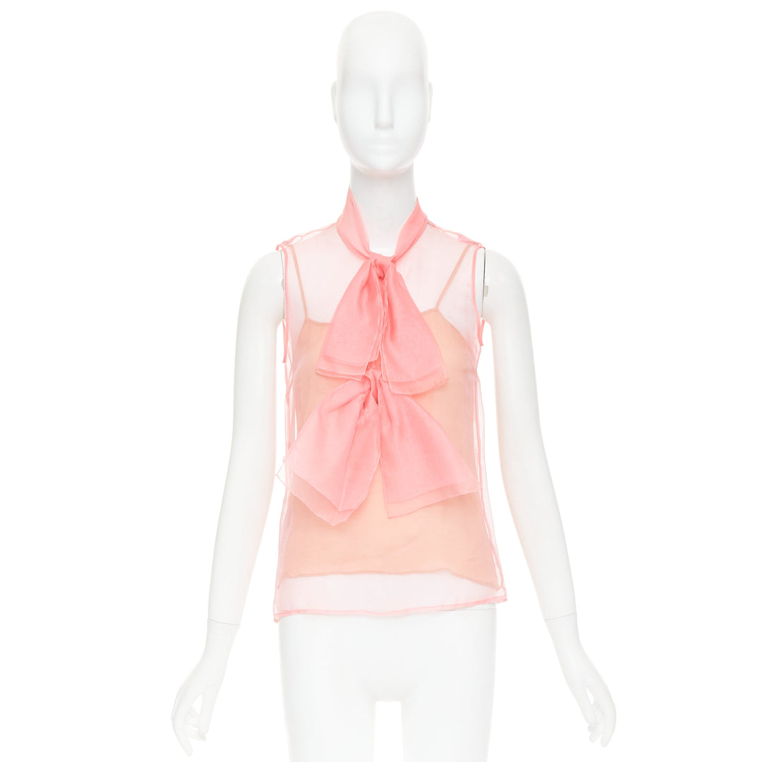 GUCCI 2015 pink silk organza sheer pussybow sleeveless blouse IT38 XS