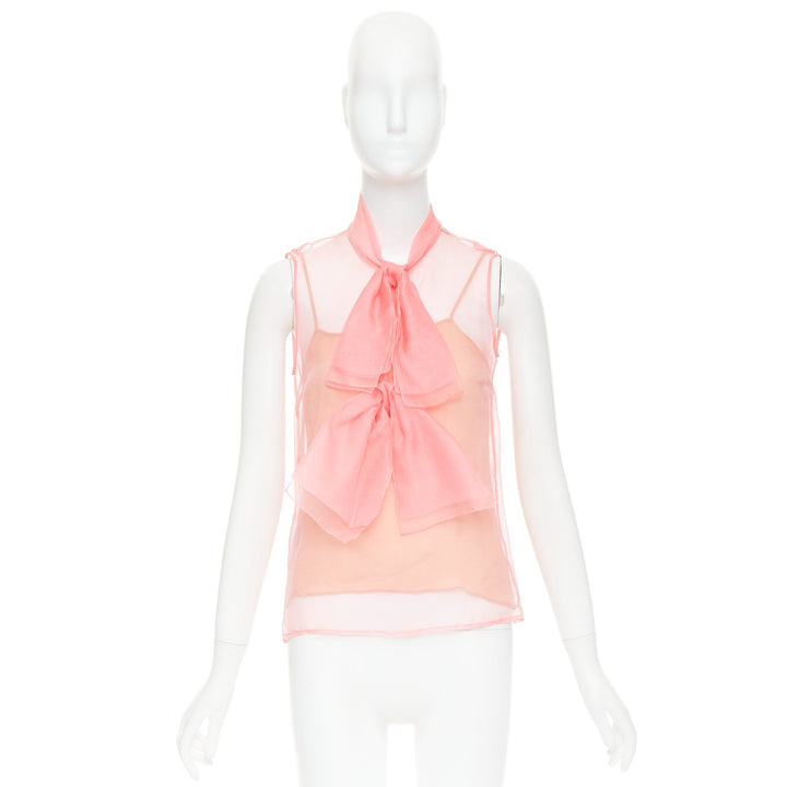 GUCCI 2015 pink silk organza sheer pussybow sleeveless blouse IT38 XS