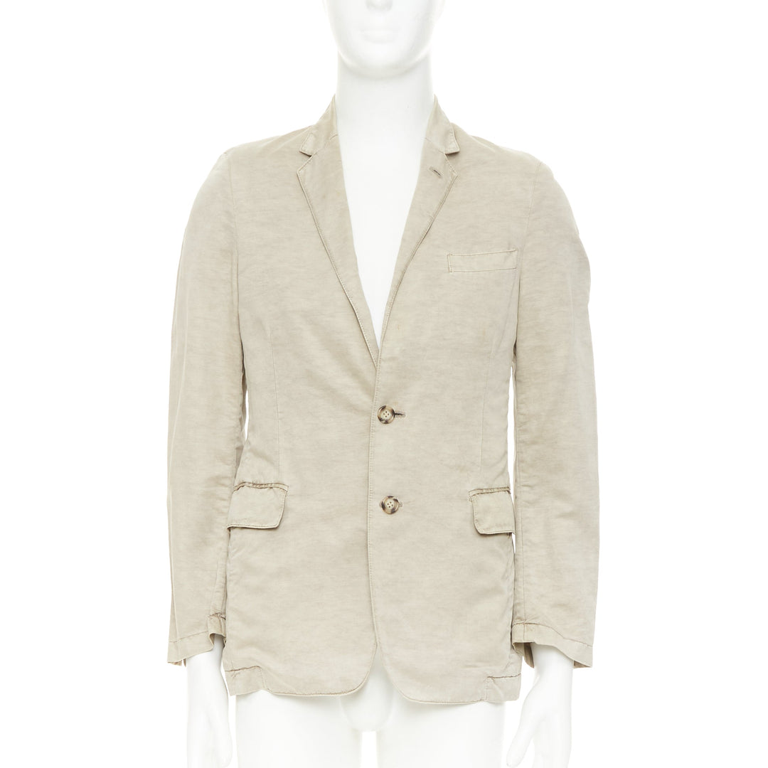 PRADA beige coated linen cotton flap pockets two button relaxed blazer IT48 M