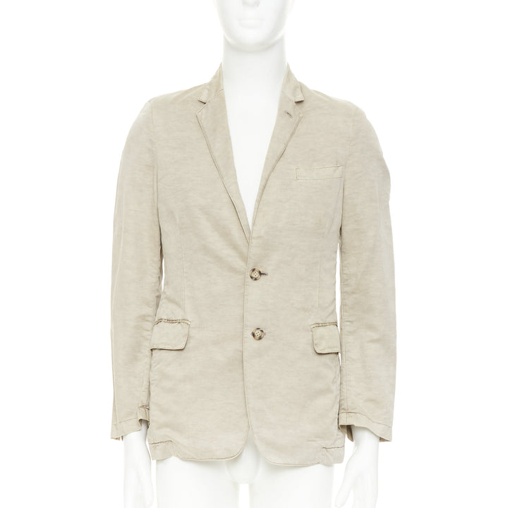 PRADA beige coated linen cotton flap pockets two button relaxed blazer IT48 M