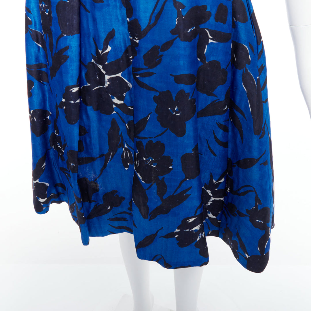 OSCAR DE LA RENTA S07 blue black silk cotton floral print full midi skirt US2 S