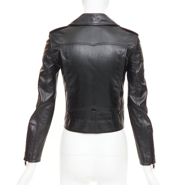 SAINT LAURENT 2015 black lambskin leather crop asymmetric biker jacket FR34 XS