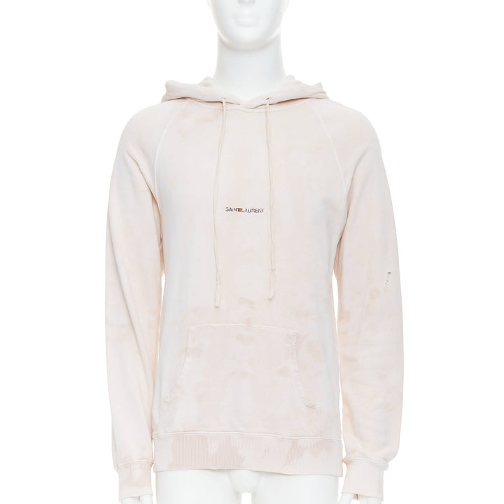 SAINT LAURENT 2018 cream washed tie ye distressed logo hoodie S