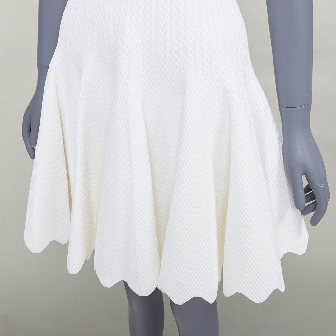 ALAIA cream viscose knit V neck sleeveless scalloped hem fit flare dress FR36 S