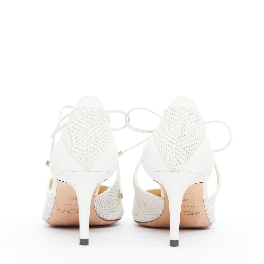 JIMMY CHOO Vanessa white textured suede leather tie bridal pump EU38.5