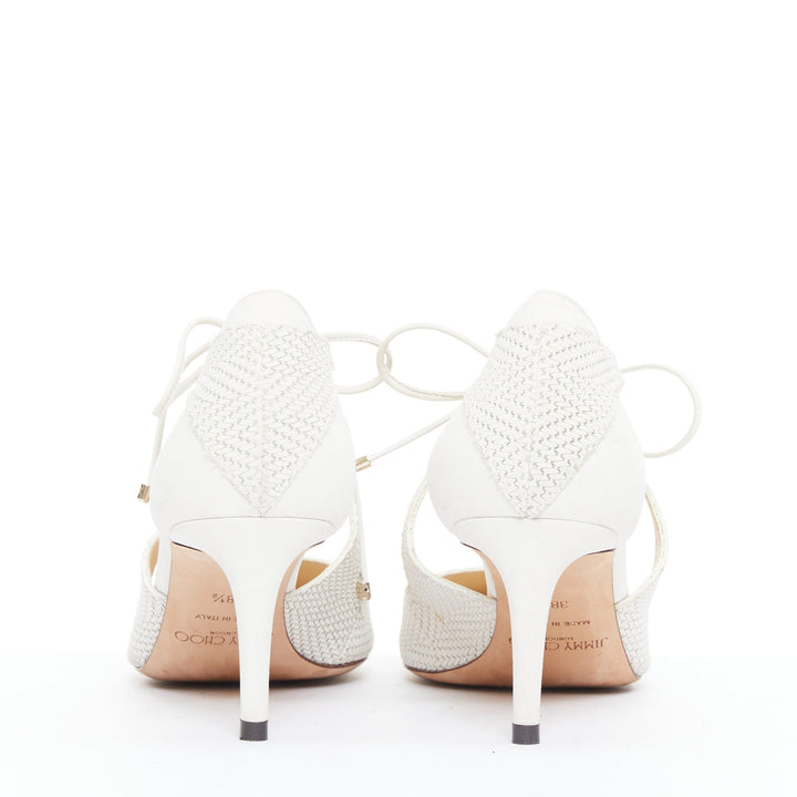 JIMMY CHOO Vanessa white textured suede leather tie bridal pump EU38.5
