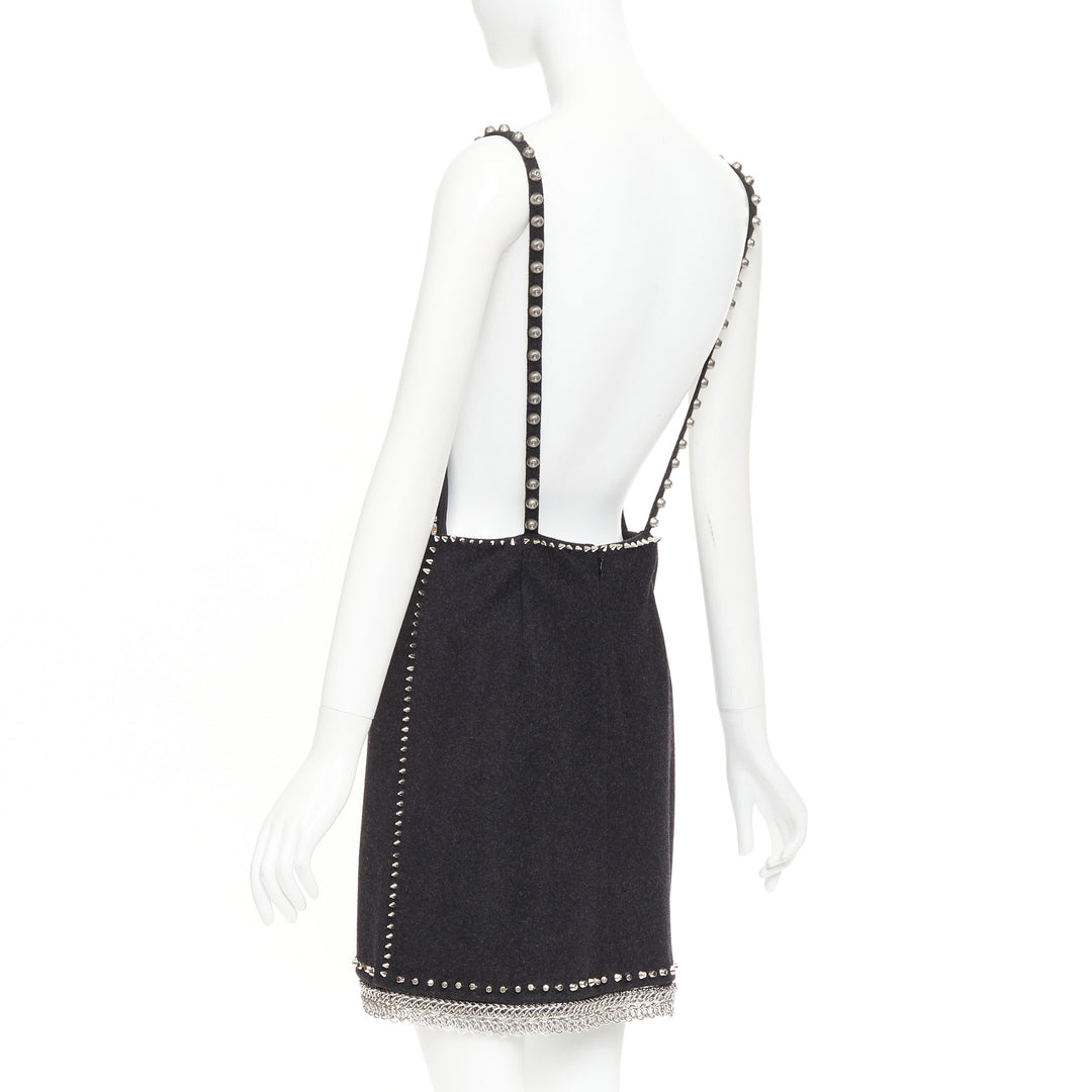 rare MIU MIU 2021 Runway charcoal wool crystal stud chainmail slip dress IT38 XS