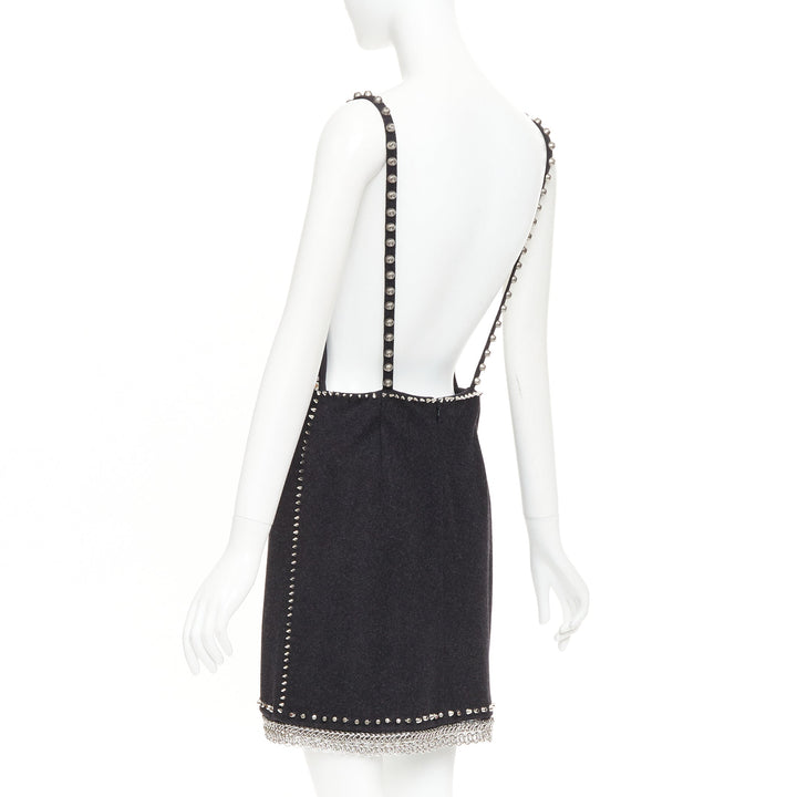 rare MIU MIU 2021 Runway charcoal wool crystal stud chainmail slip dress IT38 XS