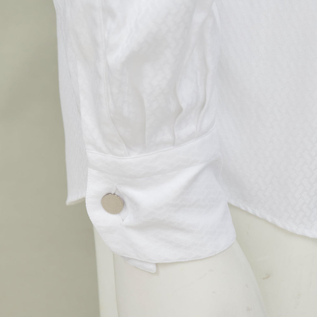 HERMES white dress tonal geometric jacquard cotton luxury button down top EU38 S