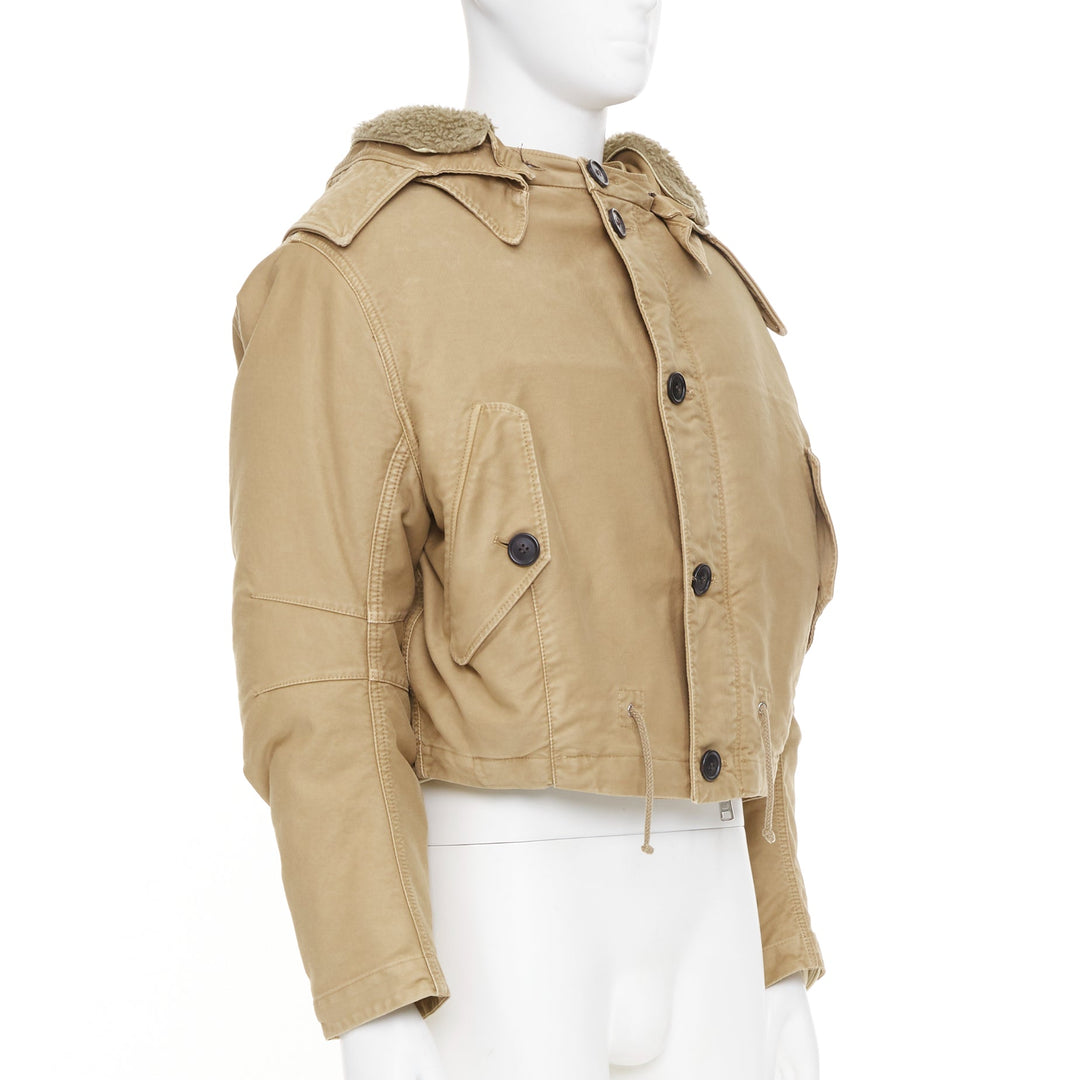 PRADA 2023 Runway shearling trim canvas hooded cropped bomber jacket IT48 M