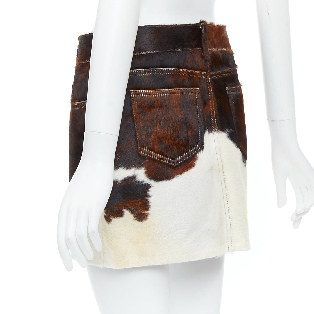 SAINT LAURENT 2018 brown white real calf hair silk lined mini skirt FR38 M