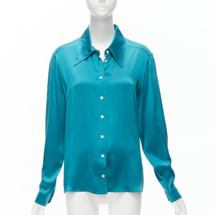 GUCCI Tom Ford 1995 Vintage blue silk long sleeve wide collar shirt IT46 XL Mad