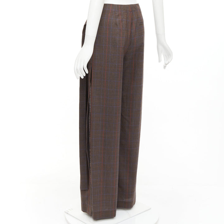 MONSE brown virgin wool checkered long gold belt wide leg pants US2 S