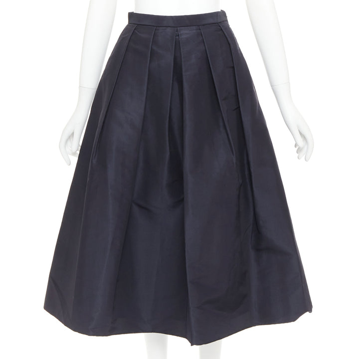 TIBI navy 100% silk satin crepe box pleated flared tea length midi skirt US0 XS