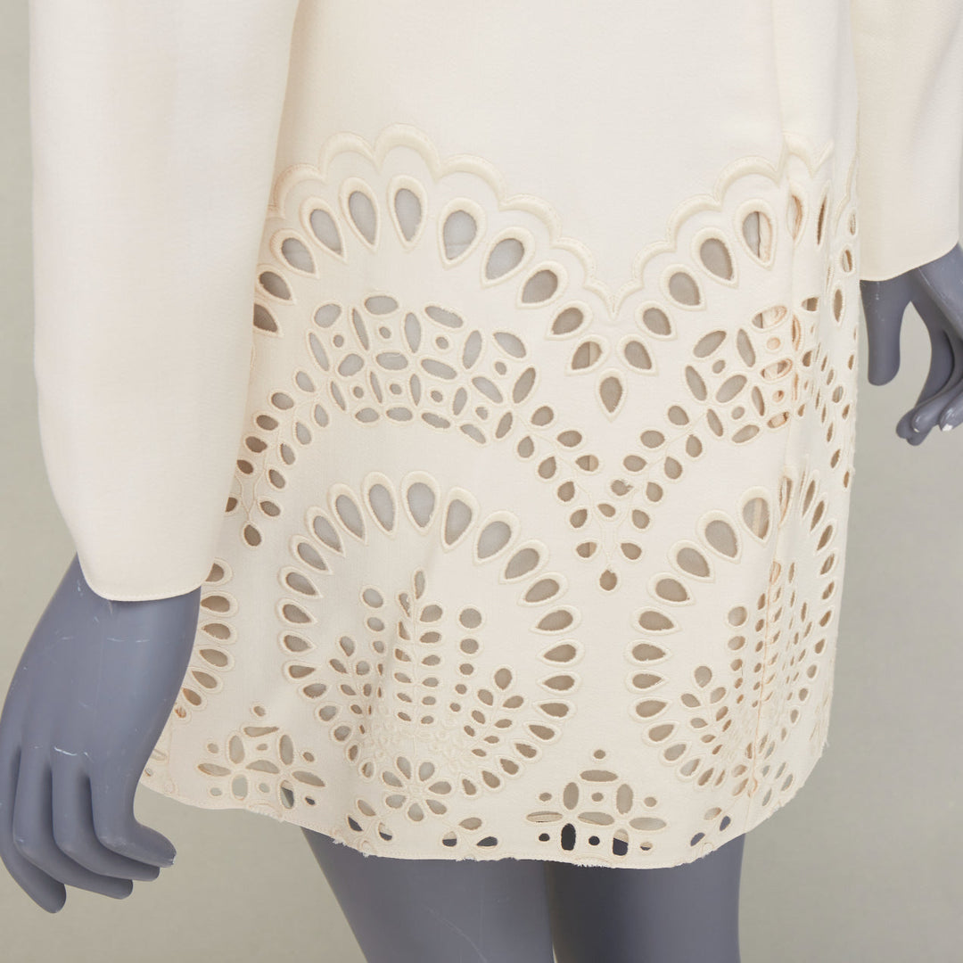 VALENTINO ivory wool silk crepe embroidered anglais shift dress IT40 S
