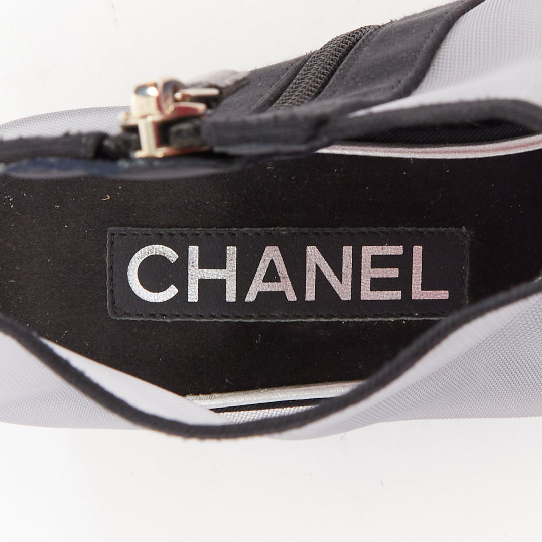 CHANEL 2019 sheer mesh black grosgrain Camelia embellished ankle boots EU38