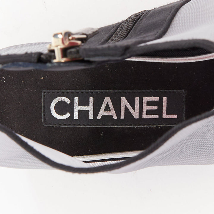 CHANEL 2019 sheer mesh black grosgrain Camelia embellished ankle boots EU38