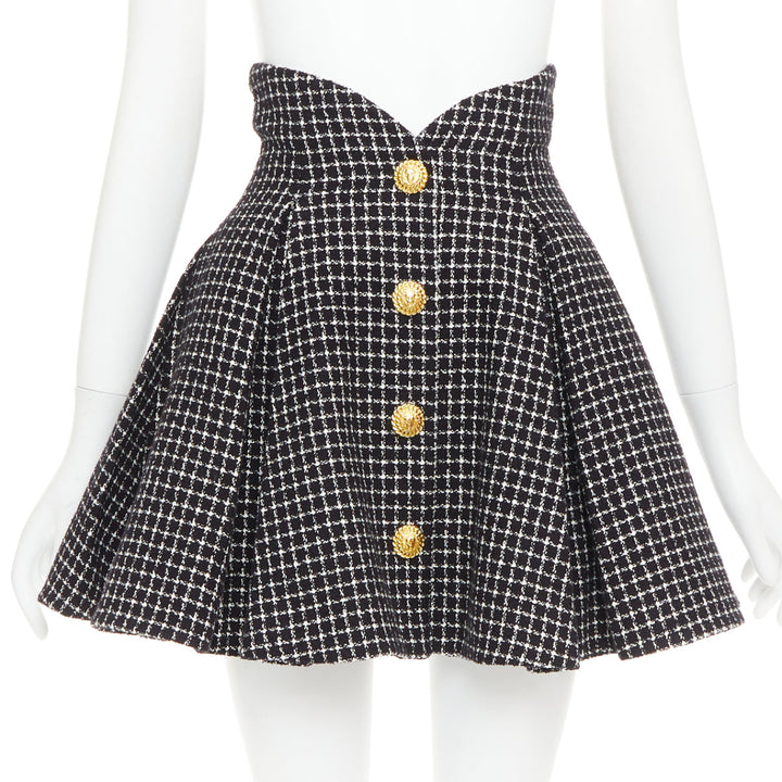 BALMAIN Tulip black white houndstooth cotton tweed flare skater skirt FR34 XS