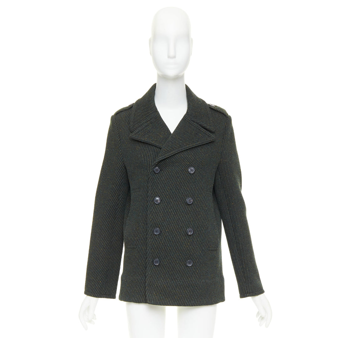 CHRISTIAN DIOR green virgin wool ribbed knit double breasted pea coat FR36 S