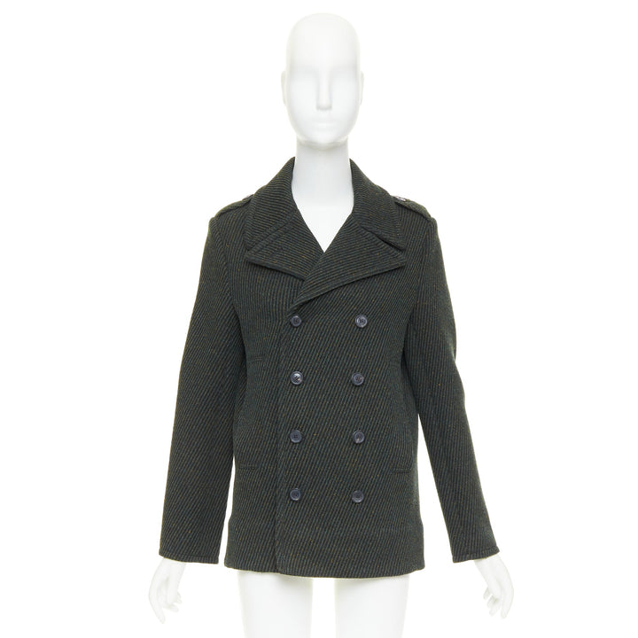CHRISTIAN DIOR green virgin wool ribbed knit double breasted pea coat FR36 S