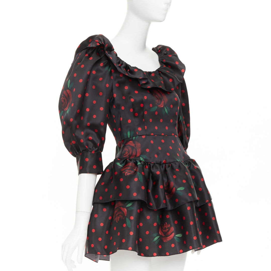 ALESSANDRA RICH 2019 Polka Dot Rose Print silk ruffled puff sleeve dress IT38 XS