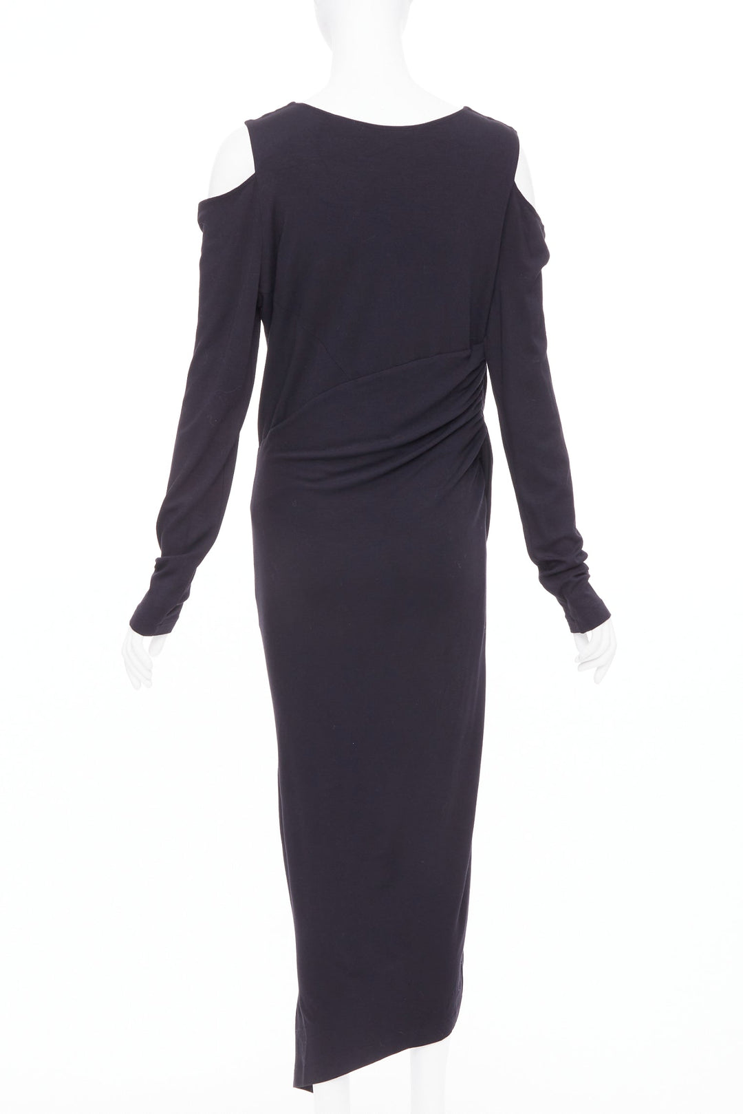 DONNA KARAN black jersey cold shoulder long sleeve side drape dress L
