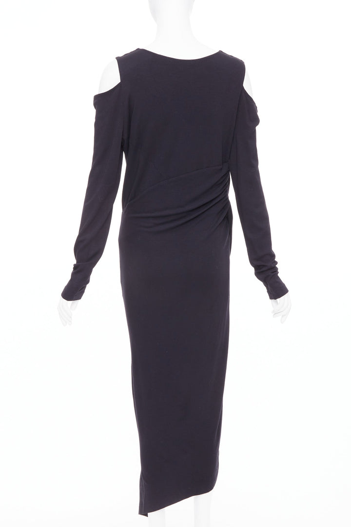 DONNA KARAN black jersey cold shoulder long sleeve side drape dress L