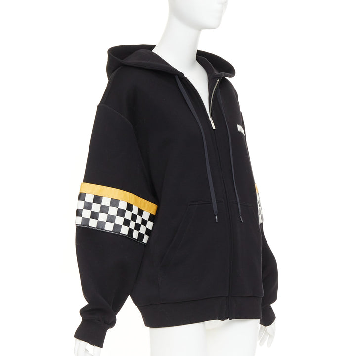 MIU MIU 2021 black yellow checkerboard woven leather sleeves Race Car hoodie S