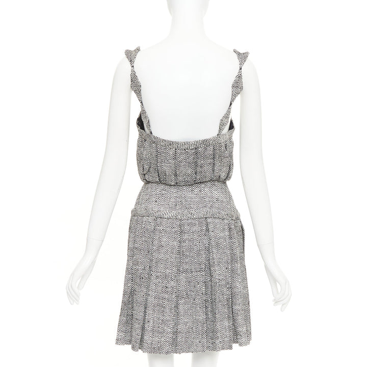 RODARTE Vintage grey Trompe loeil Herringbone silk pleated mini dress US4 S